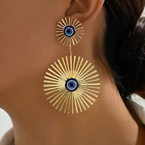 Golden Evil Eye 🧿 Dangle Earrings - Picture 3 of 7